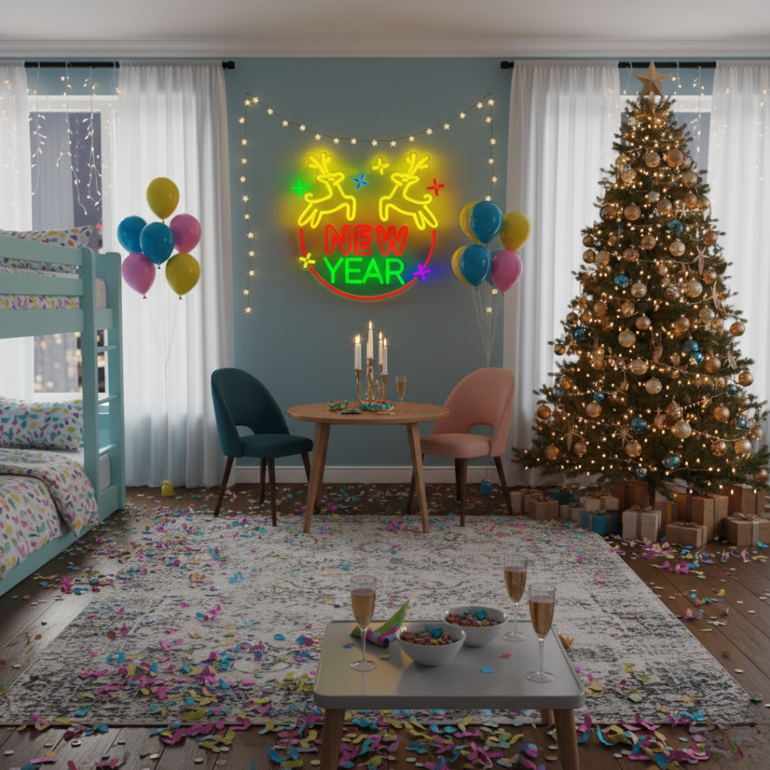 Christmas Deer New Year Neon Sign by LEDNeons glowing in warm festive colors for holiday home and event décor
