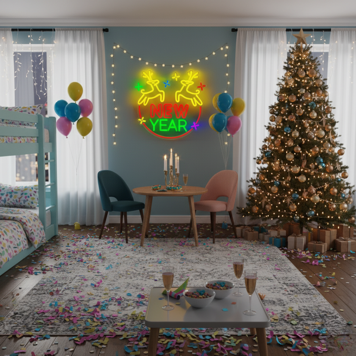 Christmas Deer New Year Neon Sign by LEDNeons glowing in warm festive colors for holiday home and event décor
