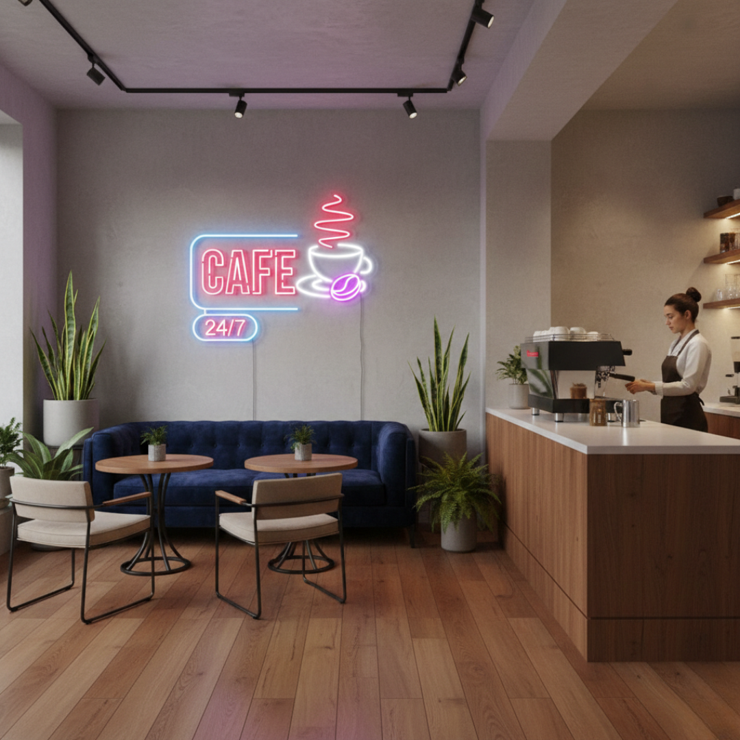 Coffee Cafe 24/7 Business Neon Sign by LEDNeons - Bright  Neon Sign  attracting customers day and night.