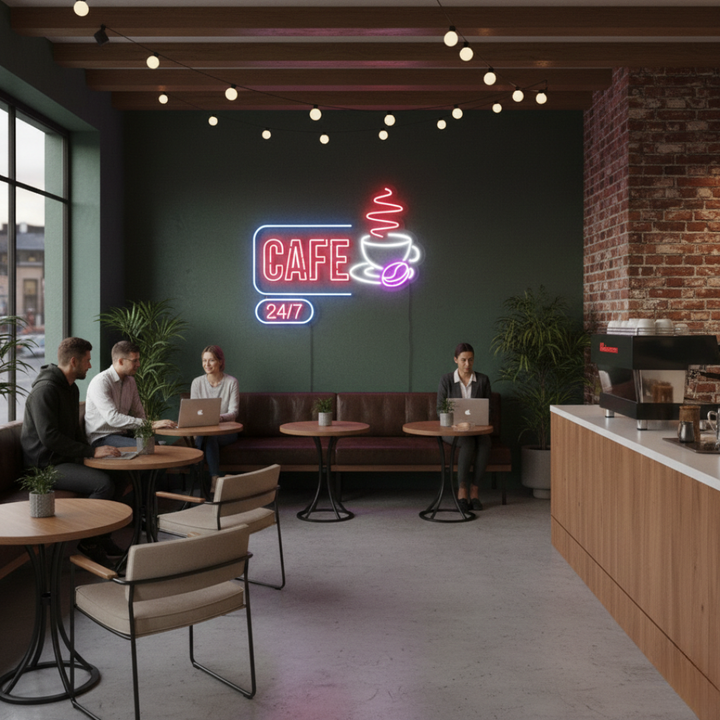 Coffee Cafe 24/7 Business Neon Sign by LEDNeons - Bright  Neon Sign  attracting customers day and night.