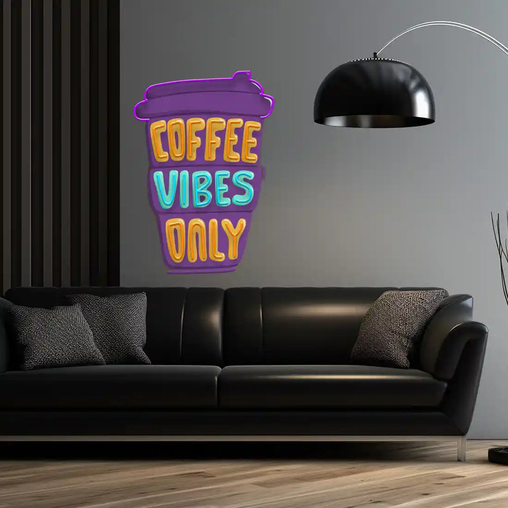Coffee Vibes Only UV Art LED Neon Sign in orange and blue colour by LEDNeons - adding a modern touch to wall décor and creative spaces.