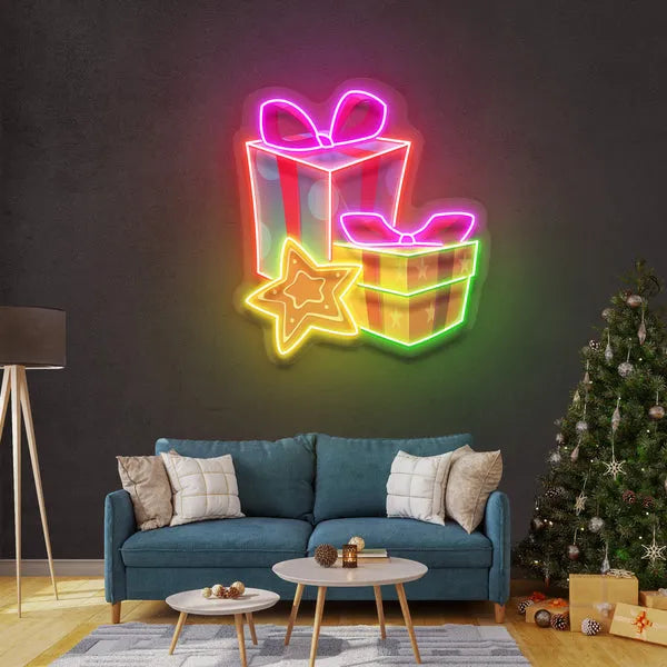 Present Merry Christmas Neon Sign by LEDNeon's - Bring holiday joy to your space with this festive neon present sign.