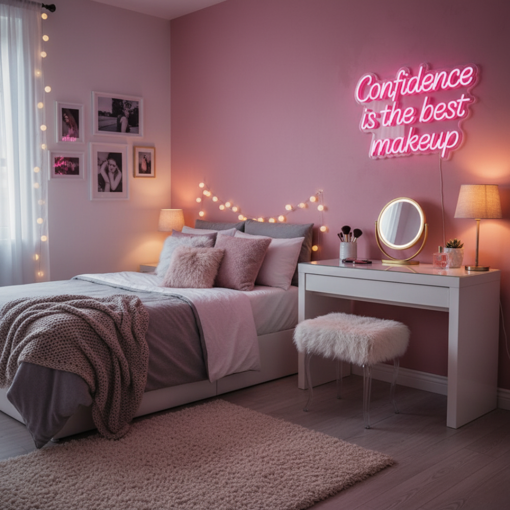 Confidence Is the Best Makeup Motivational LED Neon Sign by LEDNeons for salon, vanity, or bedroom décor