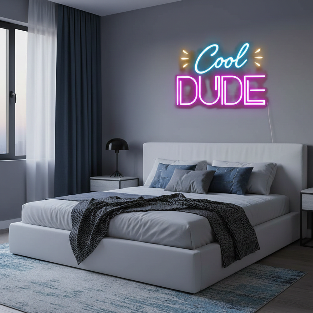 Cool Dude" LED Neon sign by LEdneons.com - glowing brightly on a wall, adding a fun and playful touch to a casual or kids’ space.