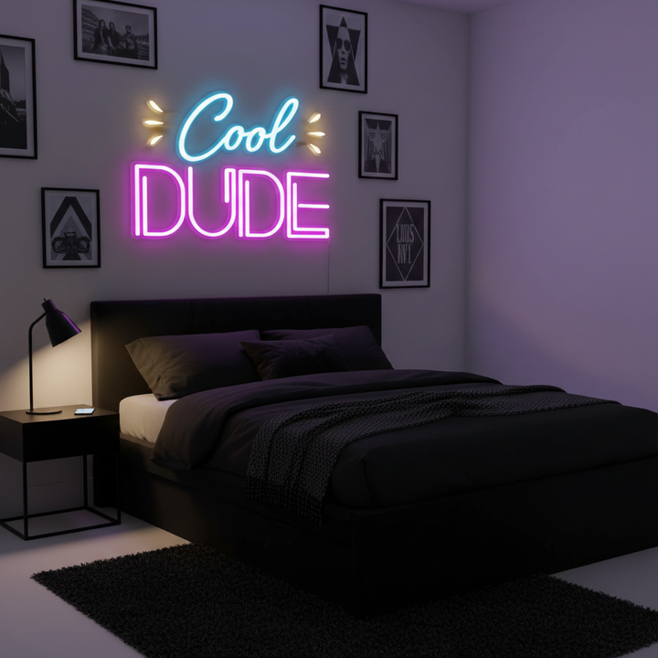 Cool Dude" LED Neon sign by LEdneons.com - glowing brightly on a wall, adding a fun and playful touch to a casual or kids’ space.
