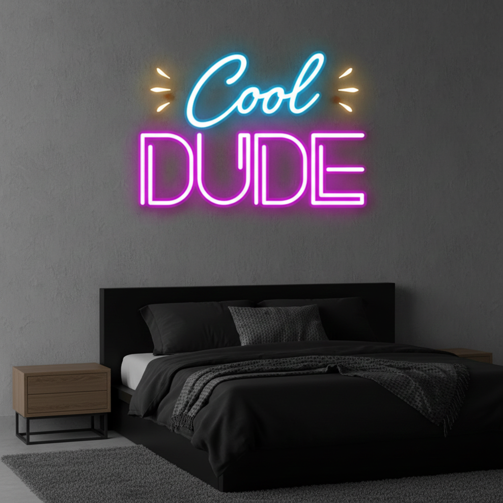 Cool Dude" LED Neon sign by LEdneons.com - glowing brightly on a wall, adding a fun and playful touch to a casual or kids’ space.