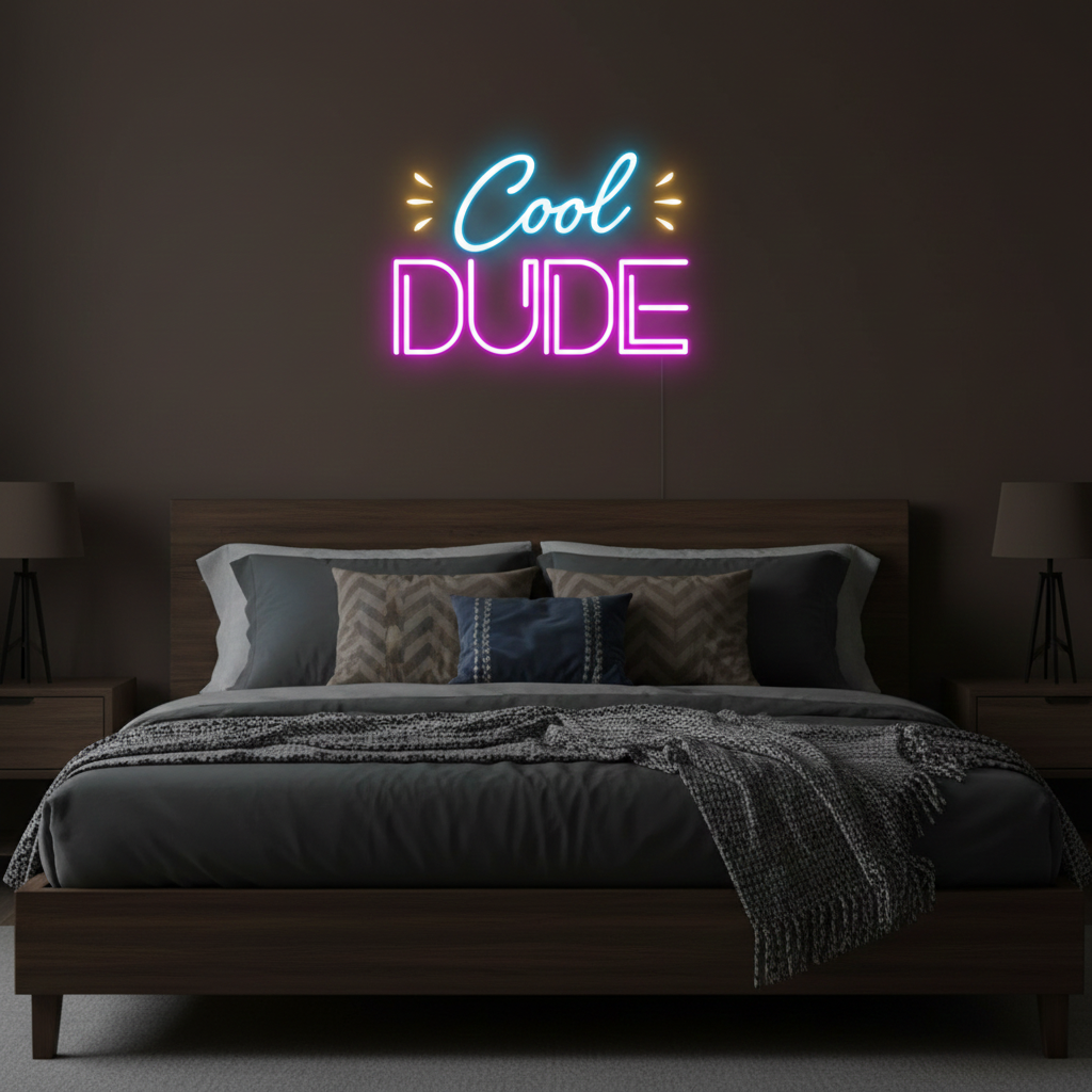 Cool Dude" LED Neon sign by LEdneons.com - glowing brightly on a wall, adding a fun and playful touch to a casual or kids’ space.