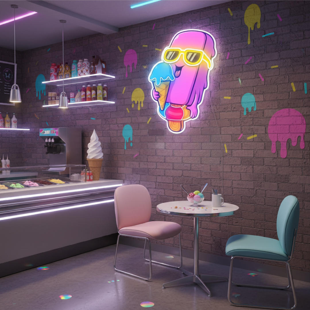 Cool Ice Cream Under UV Light Neon Artwork by LEDNeons — a vibrant neon design showcasing a glowing ice cream