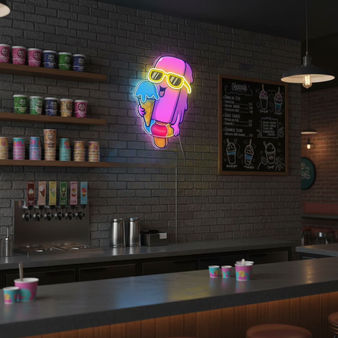 Cool Ice Cream Under UV Light Neon Artwork by LEDNeons — a vibrant neon design showcasing a glowing ice cream
