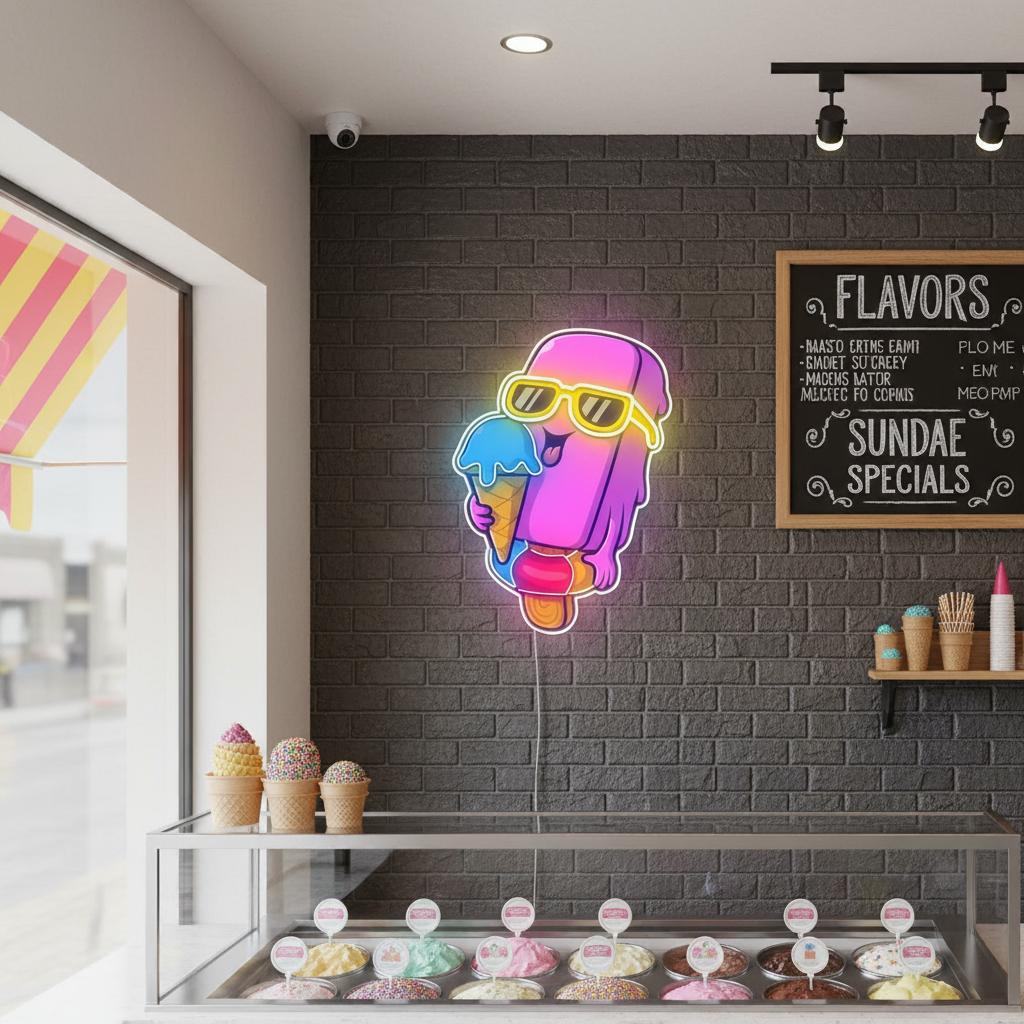 Cool Ice Cream Under UV Light Neon Artwork by LEDNeons — a vibrant neon design showcasing a glowing ice cream