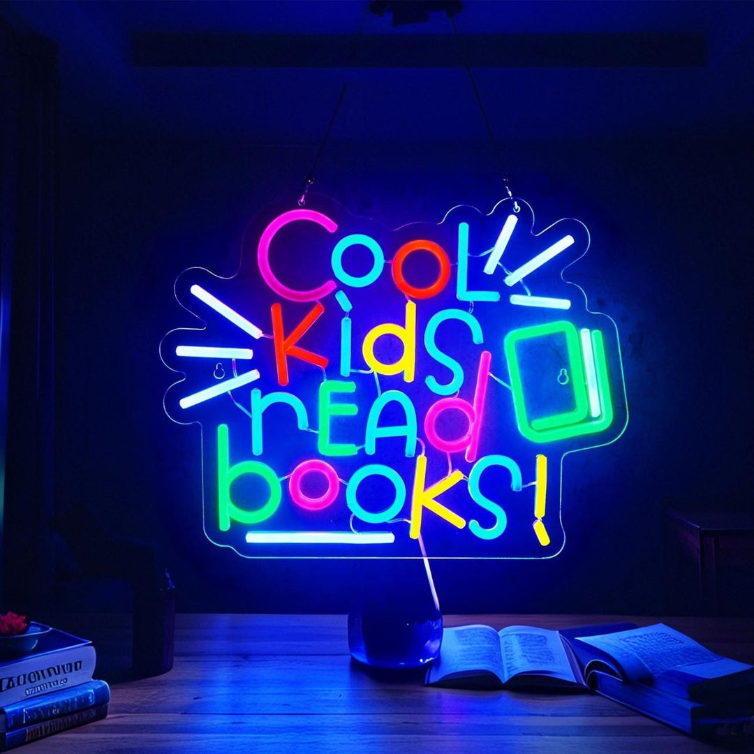 Cool Kids Read Books" LED neon sign by LedNeons.com - Glowing in bright colors,  creating a fun and inspiring atmosphere.