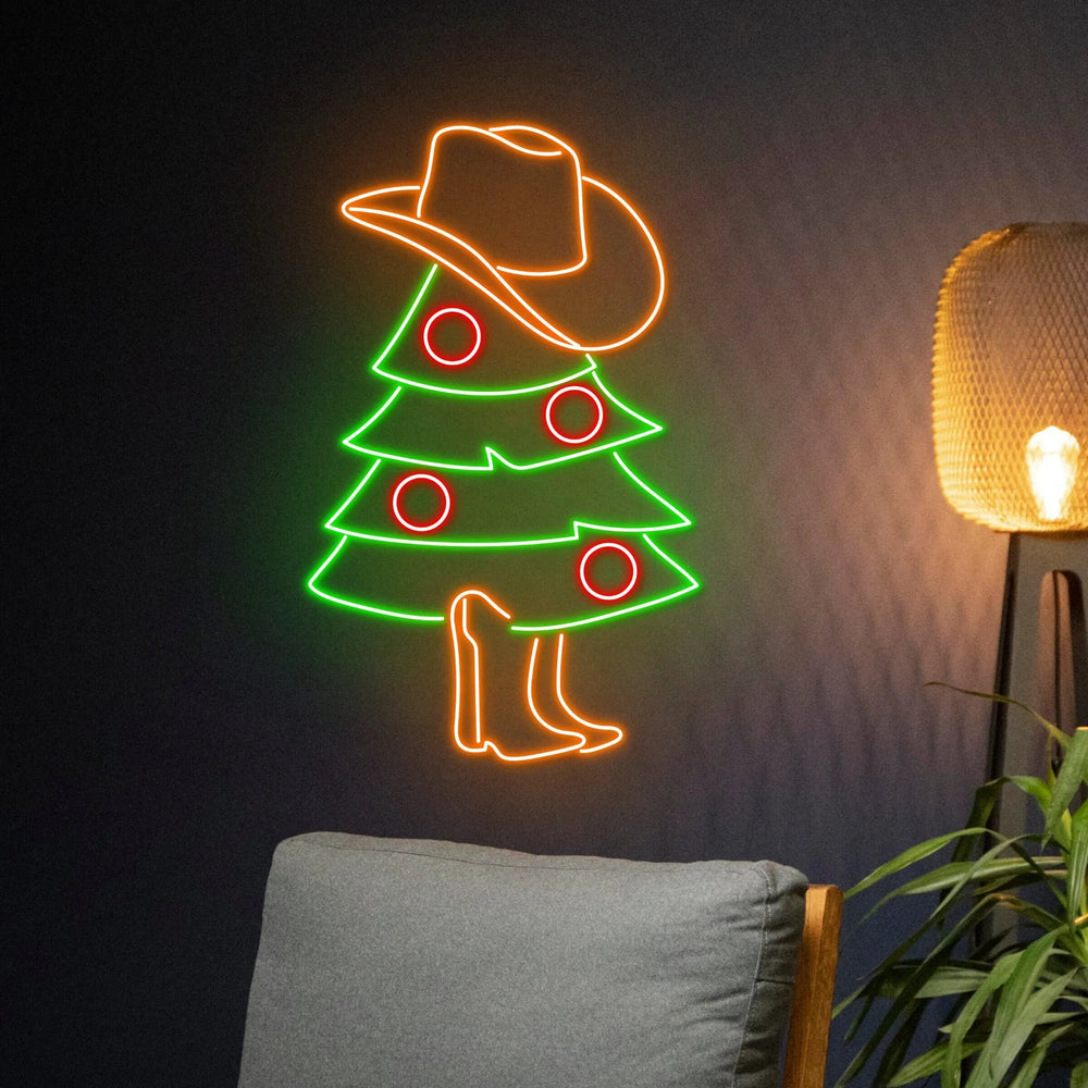 Cowboy Christmas Tree Merry Christmas Neon Sign by LEDNeons - glowing in holiday style
