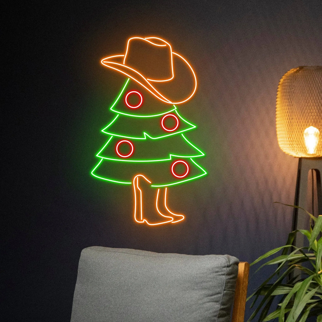 Cowboy Christmas Tree Merry Christmas Neon Sign by LEDNeons - glowing in holiday style
