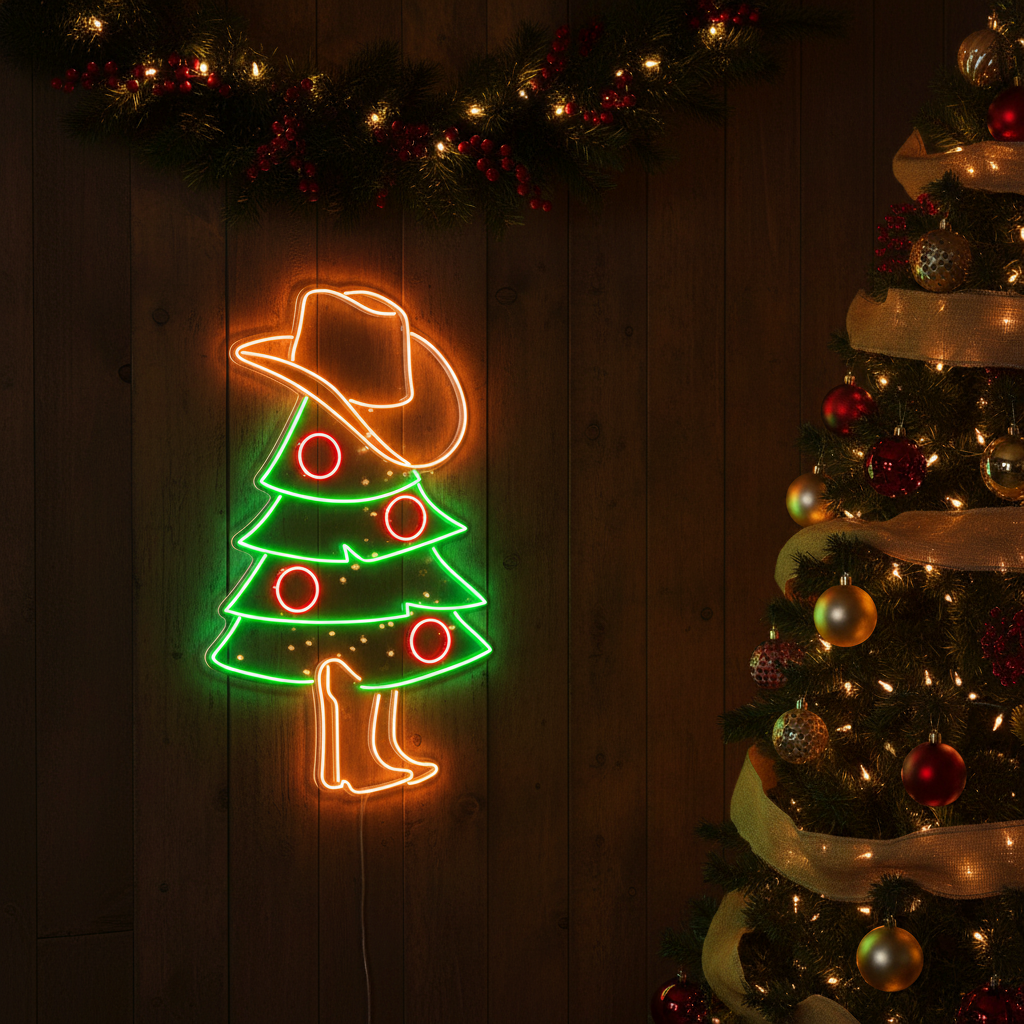 Cowboy Christmas Tree Merry Christmas Neon Sign by LEDNeons - glowing in holiday style

