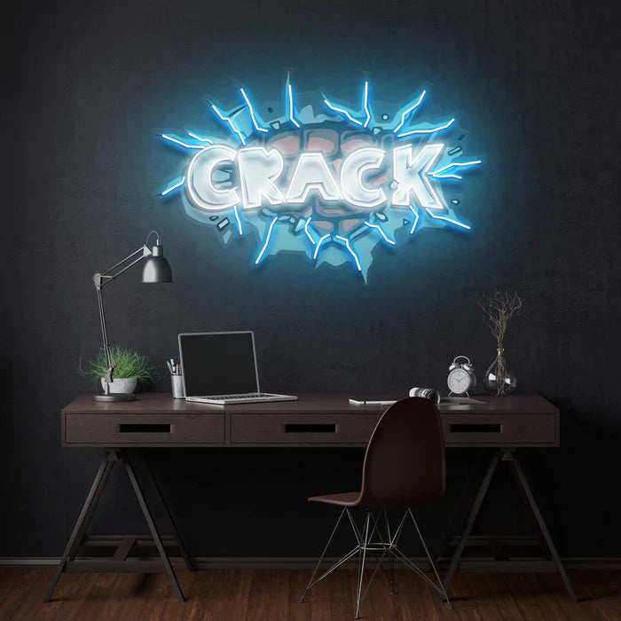 Crack UV Art LED Neon Sign in white and blue color by LEDNeons - ideal for trendy wall décor and nightlife spaces.