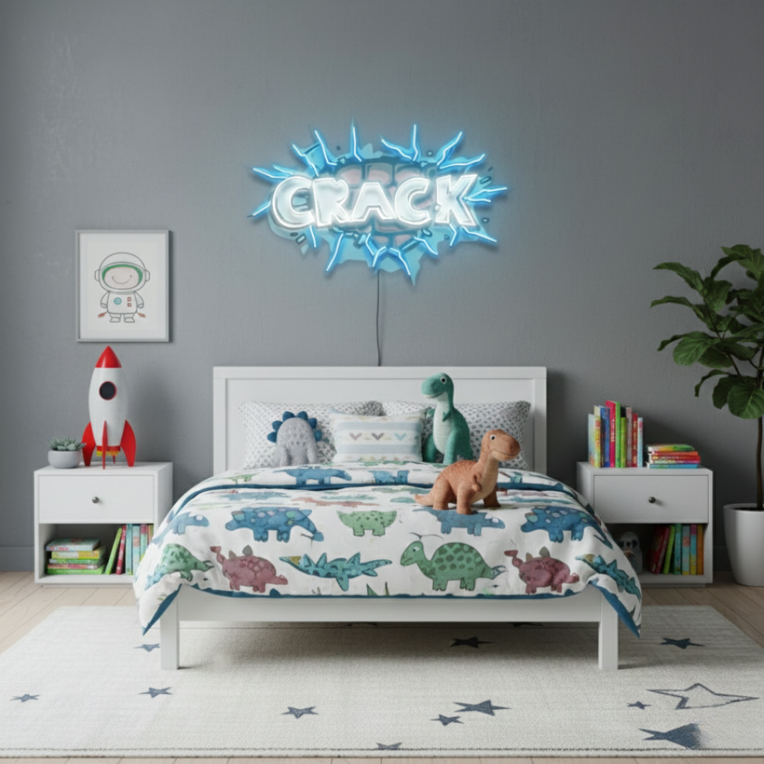 Crack UV Art LED Neon Sign in white and blue color by LEDNeons - ideal for trendy wall décor and nightlife spaces.