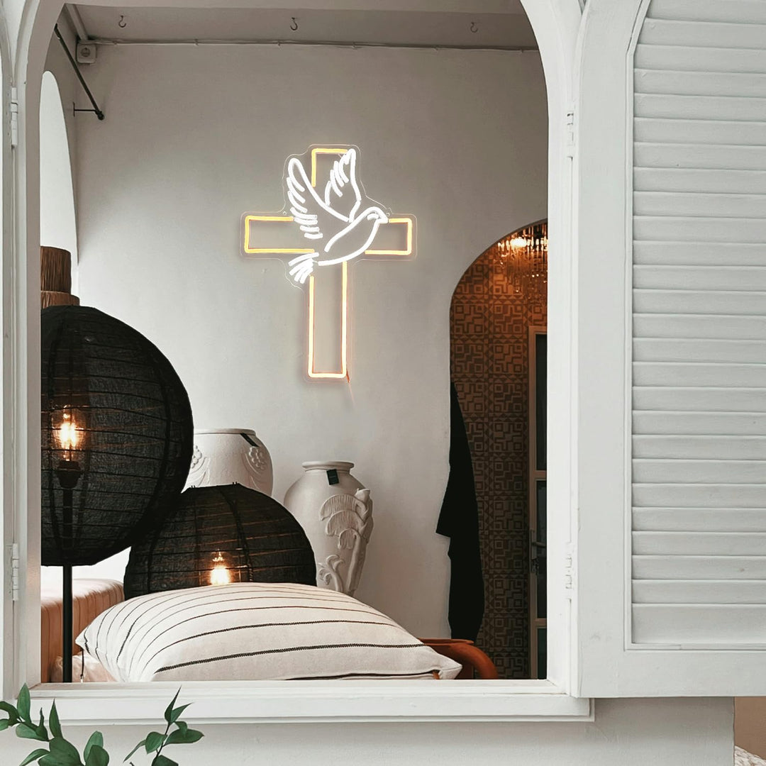 Cross Home LED Neon Sign by LEDNeons  - Glowing softly, featuring a bright cross neon sign 
