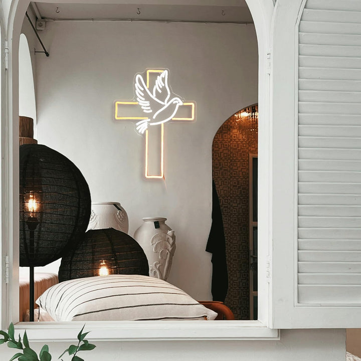Cross Home LED Neon Sign by LEDNeons  - Glowing softly, featuring a bright cross neon sign 