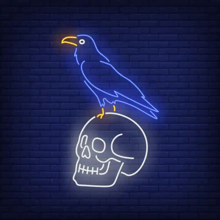 Crow Sitting Human Skull Halloween LED Neon Sign by LEDNeons - glowing spooky design, perfect for Halloween décor.
