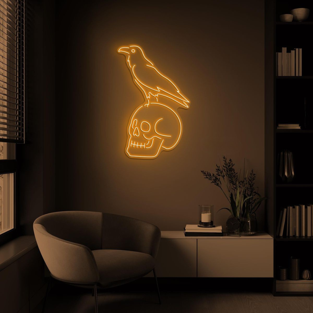 Crow Sitting Human Skull Halloween LED Neon Sign by LEDNeons - glowing spooky design, perfect for Halloween décor.