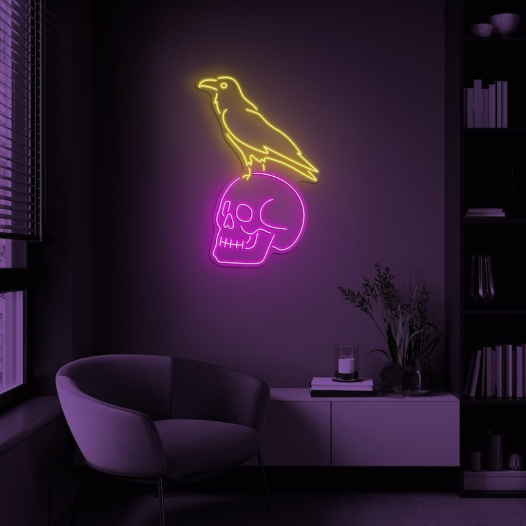 Crow Sitting Human Skull Halloween LED Neon Sign by LEDNeons - glowing spooky design, perfect for Halloween décor.