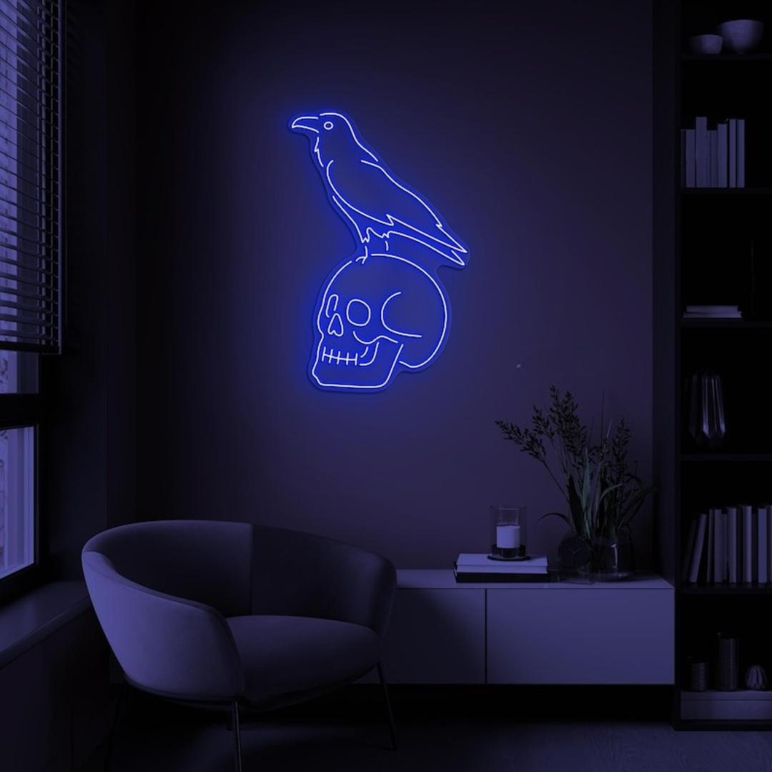 Crow Sitting Human Skull Halloween LED Neon Sign by LEDNeons - glowing spooky design, perfect for Halloween décor.