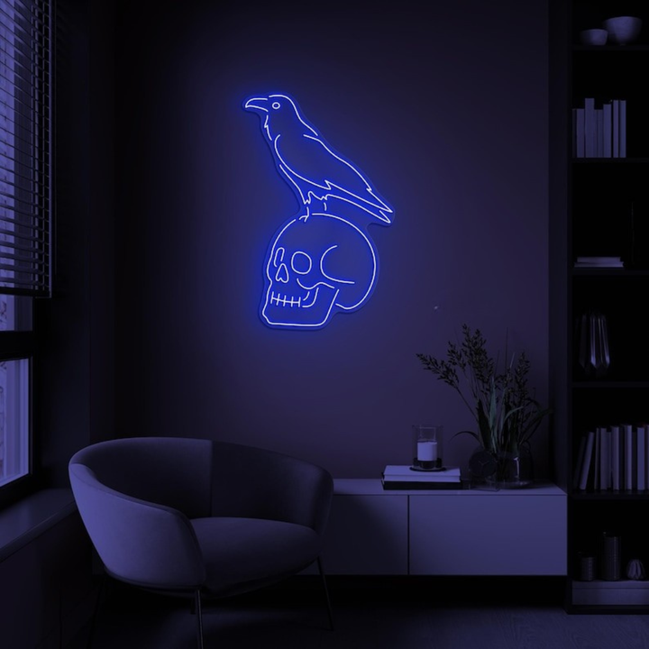 Crow Sitting Human Skull Halloween LED Neon Sign by LEDNeons - glowing spooky design, perfect for Halloween décor.