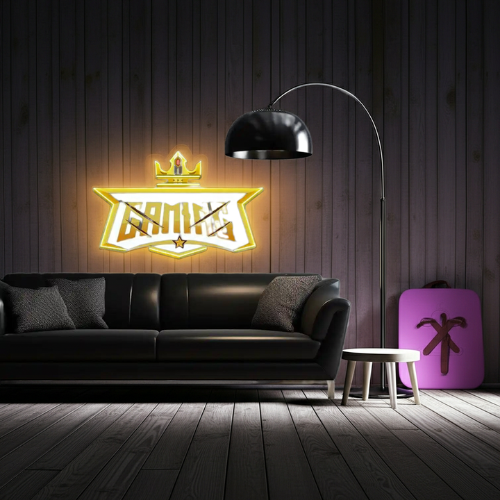 Crown Gaming UV Art LED Neon Sign in yellow colour by LEDNeons  - Light Background