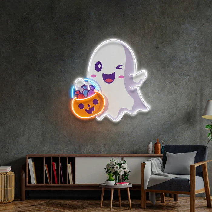 Cute Ghost face Halloween LED Neon Sign by LEDNeons - glowing decoration for Halloween night and themed parties.