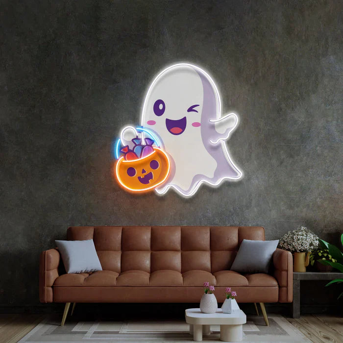 Cute Ghost face Halloween LED Neon Sign by LEDNeons - glowing decoration for Halloween night and themed parties.
