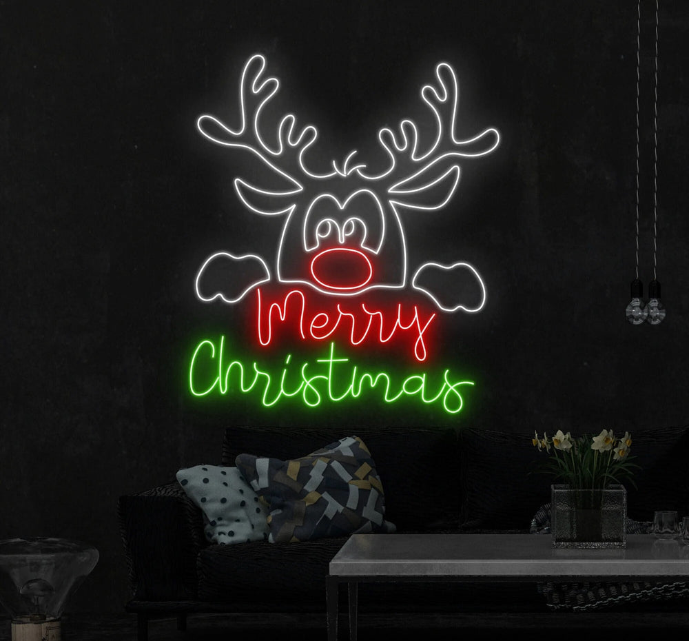 Cute Deer Merry Christmas Neon Sign by LEDNeons - glowing in bright neon colors for a cheerful Christmas decoration."