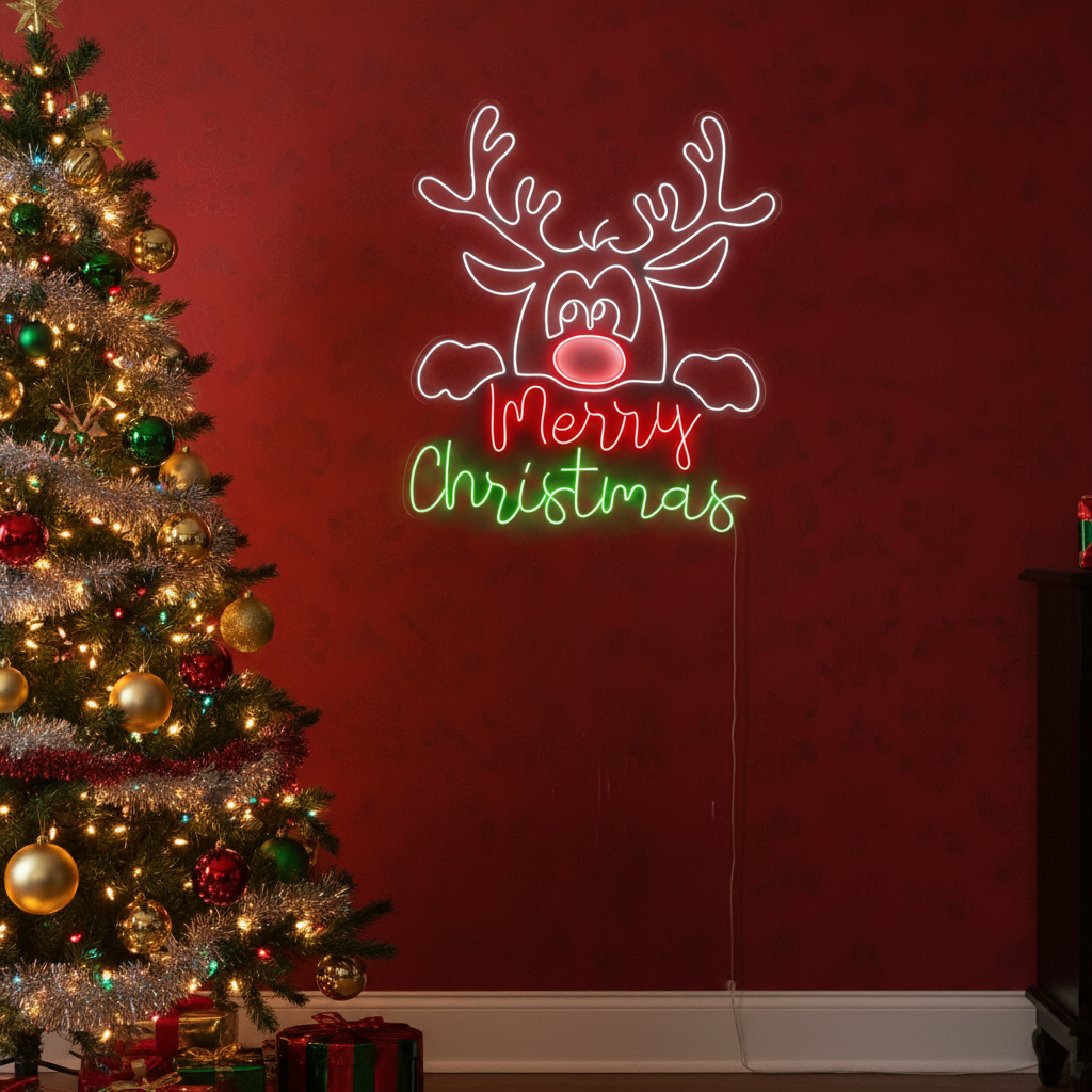 Cute Deer Merry Christmas Neon Sign by LEDNeons - glowing in bright neon colors for a cheerful Christmas decoration.