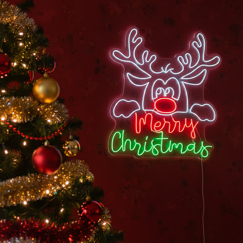 Cute Deer Merry Christmas Neon Sign by LEDNeons - glowing in bright neon colors for a cheerful Christmas decoration.