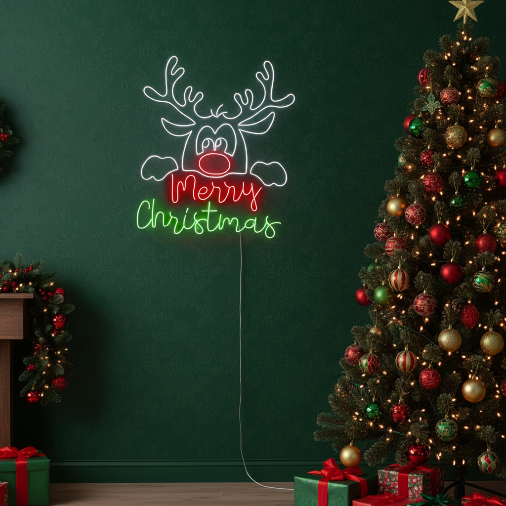 Cute Deer Merry Christmas Neon Sign by LEDNeons - glowing in bright neon colors for a cheerful Christmas decoration.