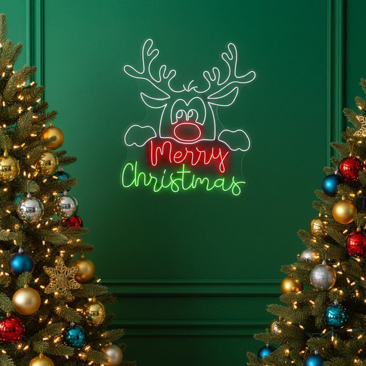 Cute Deer Merry Christmas Neon Sign by LEDNeons - glowing in bright neon colors for a cheerful Christmas decoration.