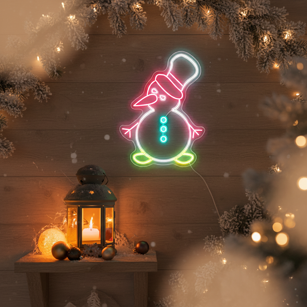 Cute Little Cool Snowman Neon Sign by LEDNeons - glowing in vibrant neon colors for a fun holiday look.