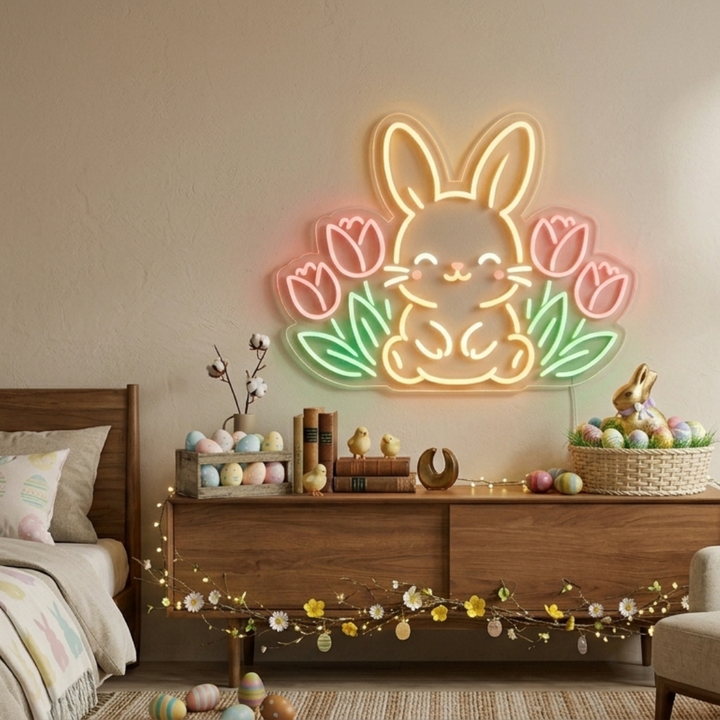 Cute rabbit floral spring Easter neon sign glowing on wall by LEDNeons