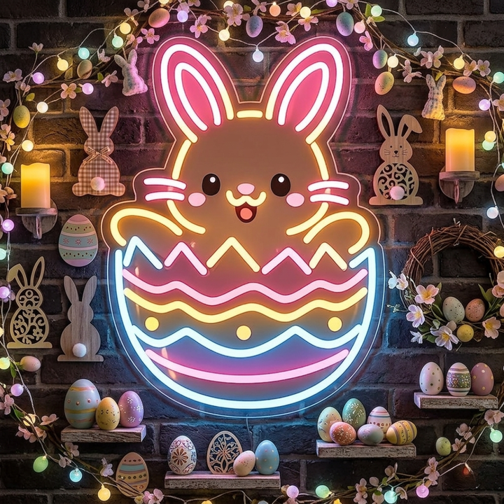 Cute rabbit floral spring Easter neon sign glowing on wall by LEDNeons