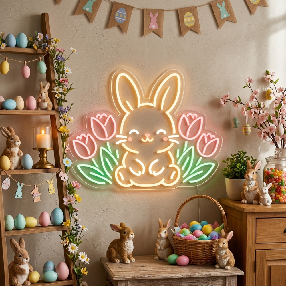 Cute rabbit floral spring Easter neon sign glowing on wall by LEDNeons