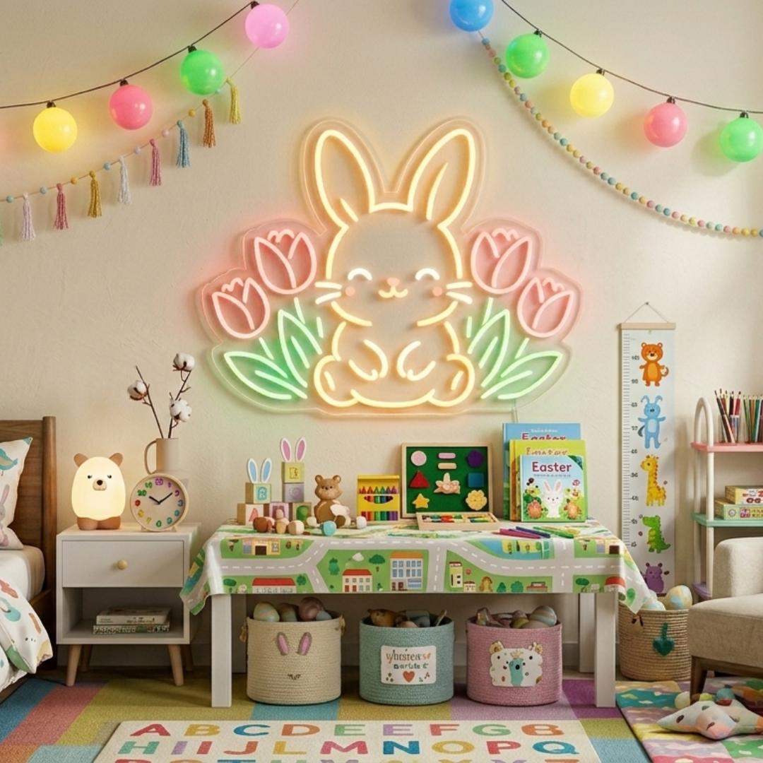 Cute rabbit floral spring Easter neon sign glowing on wall by LEDNeons
