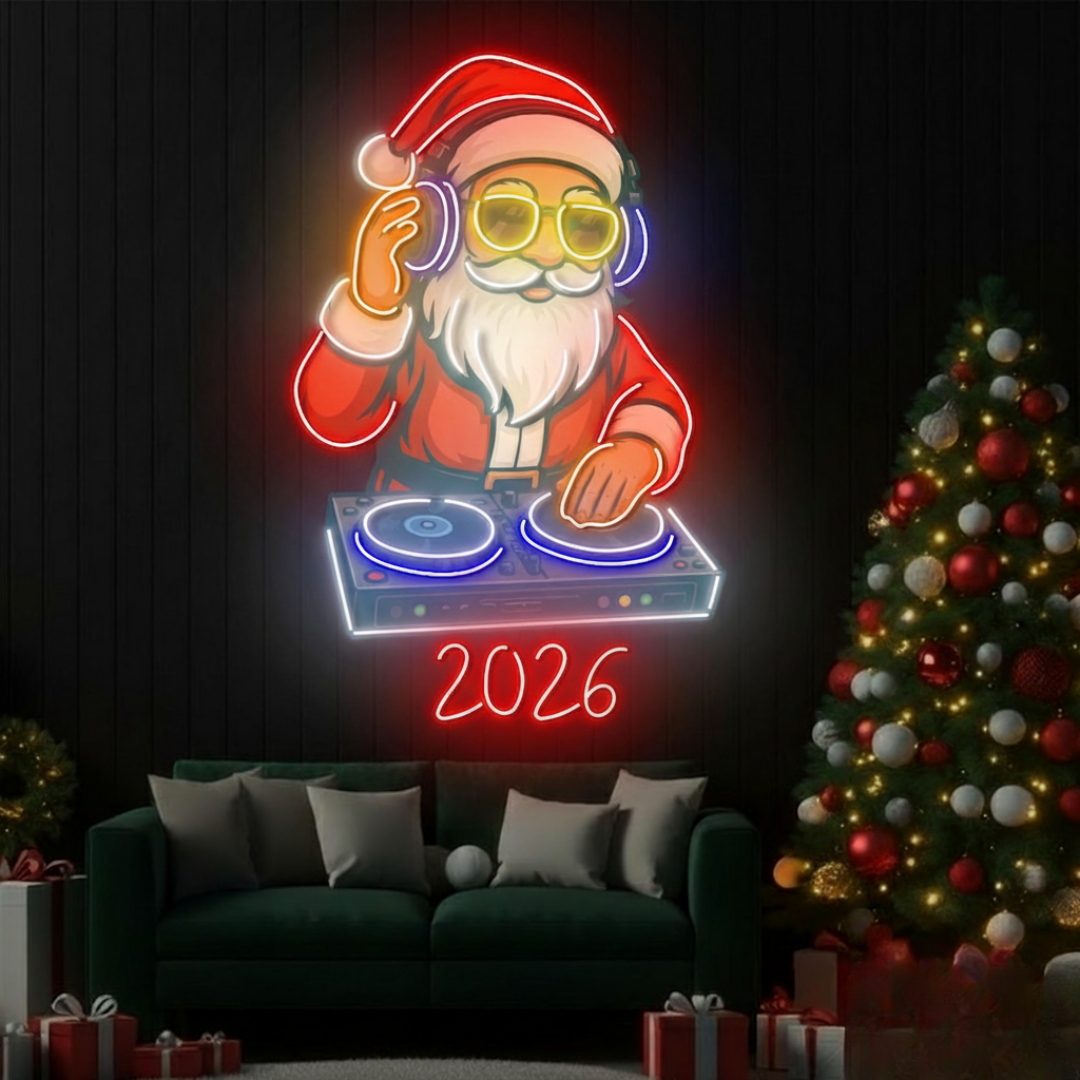 DJ Santa 2026 Neon Sign by LEDNeons glowing in multicolor light, perfect for Christmas and New Year party décor