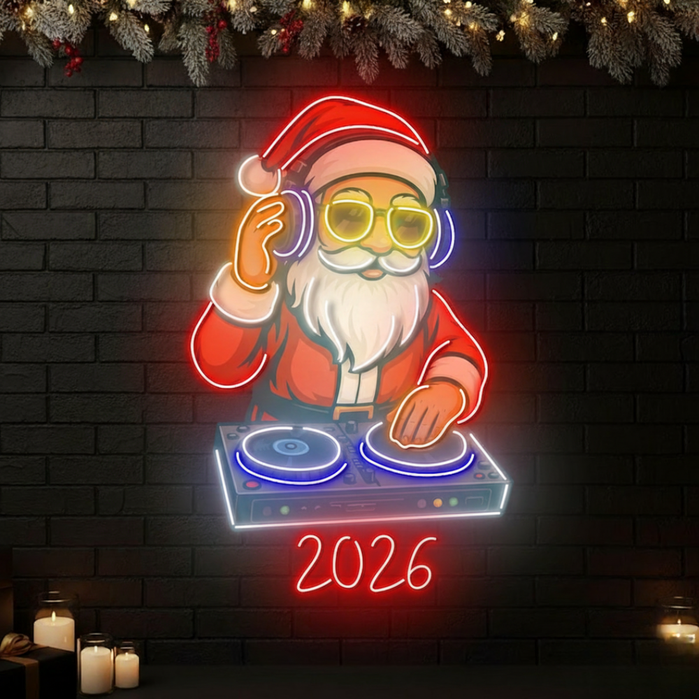 DJ Santa 2026 Neon Sign by LEDNeons glowing in multicolor light, perfect for Christmas and New Year party décor