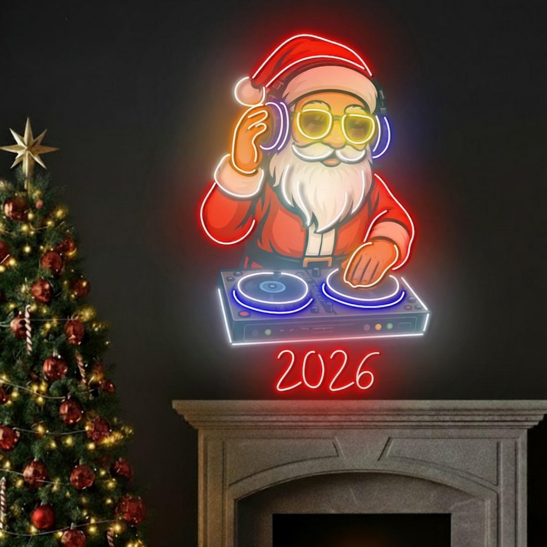 DJ Santa 2026 Neon Sign by LEDNeons glowing in multicolor light, perfect for Christmas and New Year party décor