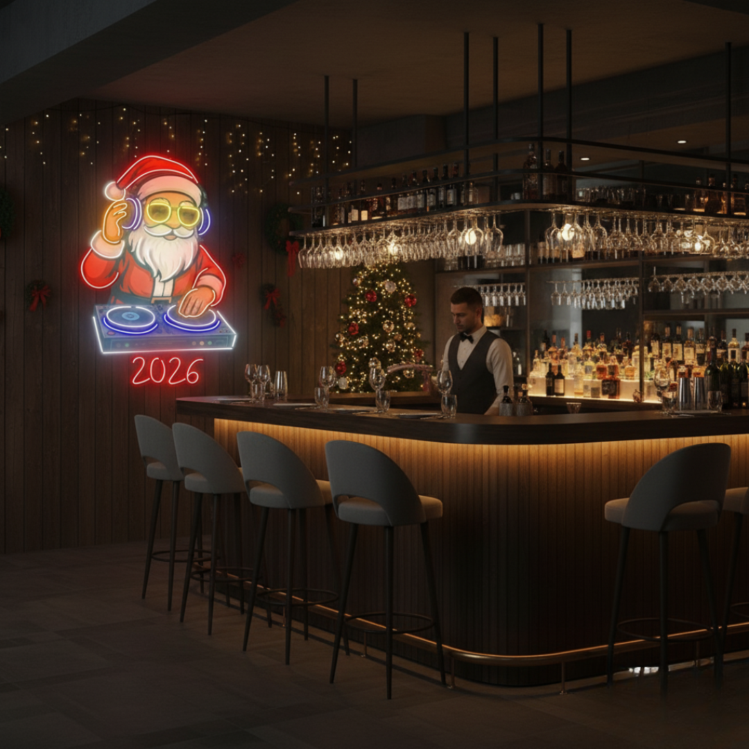 DJ Santa 2026 Neon Sign by LEDNeons glowing in multicolor light, perfect for Christmas and New Year party décor