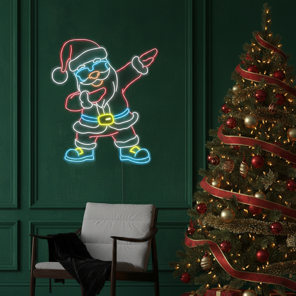 Dabbing Santa Claus Merry Christmas Neon Sign by LEDNeons  - glowing in festive colors.