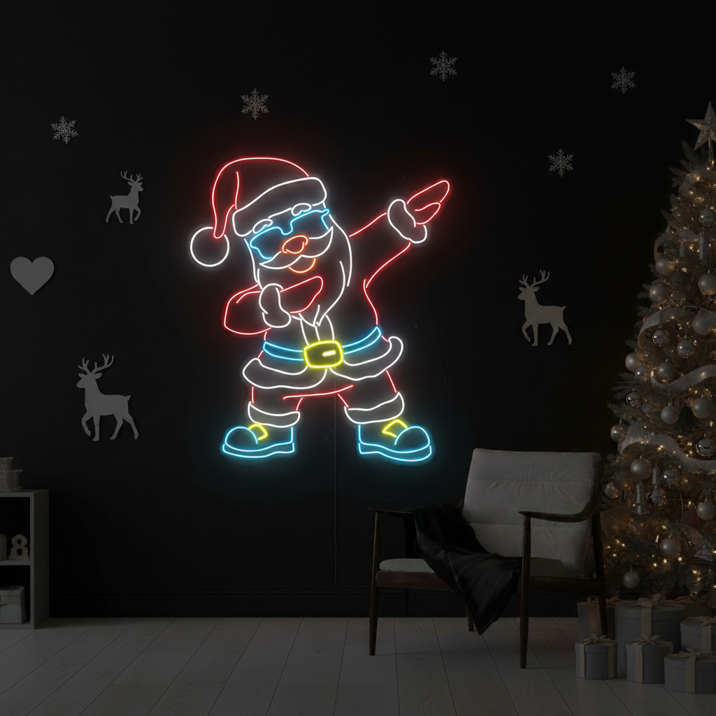 Dabbing Santa Claus Merry Christmas Neon Sign by LEDNeons  - glowing in festive colors.