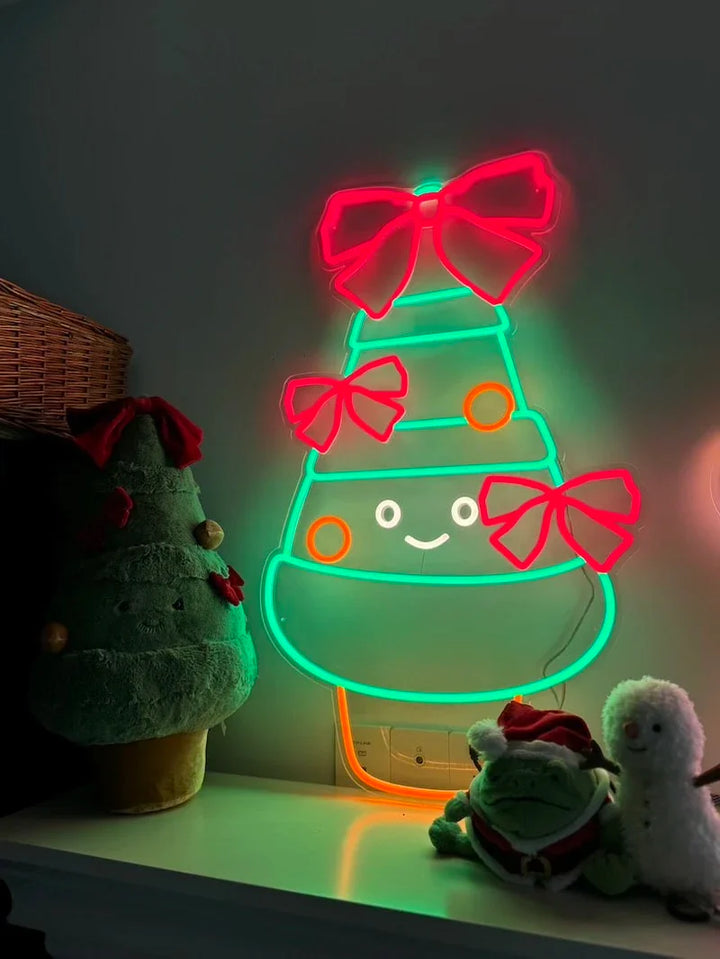 Decorated Christmas Tree Merry Christmas Neon Sign by LEDNeons - on the table