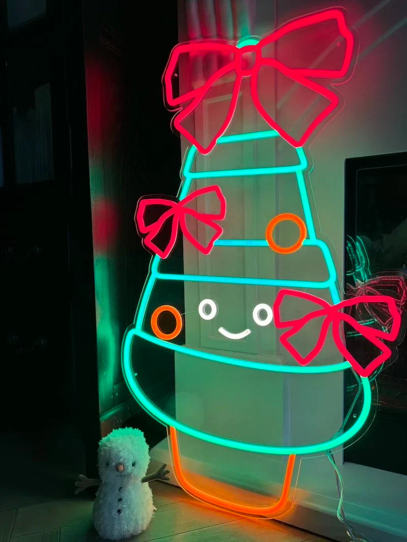 Decorated Christmas Tree Merry Christmas Neon Sign by LEDNeons - on the floor