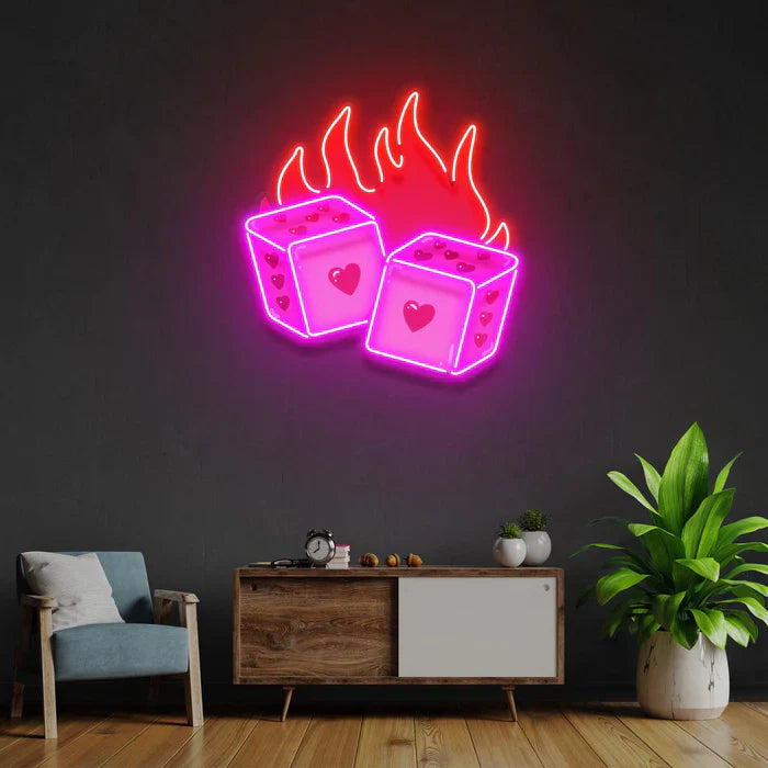 Dice Love UV Art LED Neon Sign in pink and red color by LEDNeons -  great for wall décor in gaming and entertainment areas.
