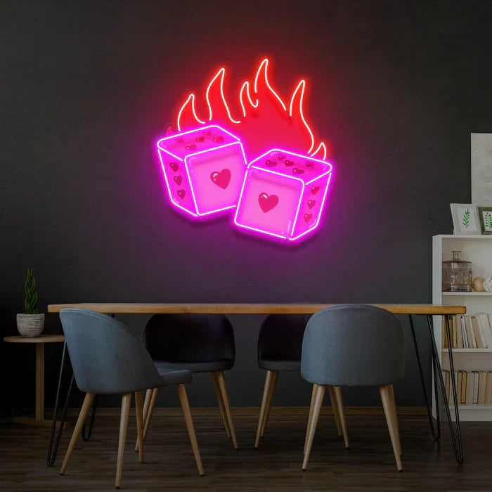Dice Love UV Art LED Neon Sign in pink and red color by LEDNeons -  great for wall décor in gaming and entertainment areas.